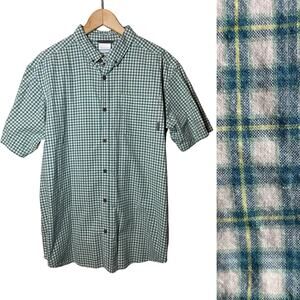 Columbia Mens Button up Shirt Short Sleeve Plaid  Blue Teal Cream Large Cotton